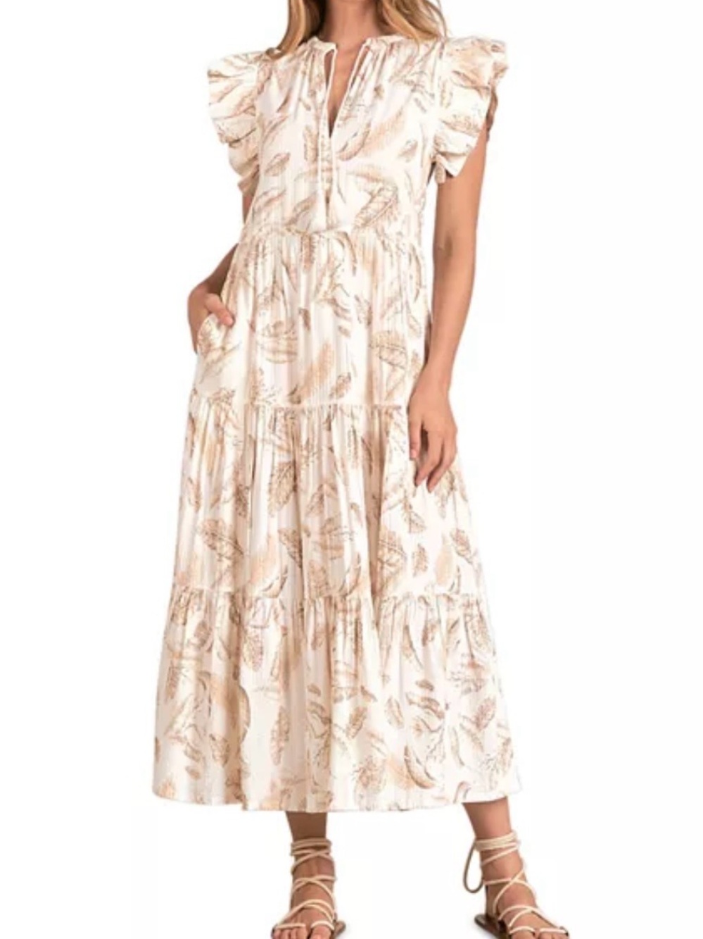 Elan Cream Maxi Dress with Feather Print